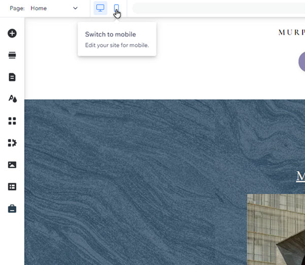 Wix Editor toolbar with the Switch to mobile control indicated